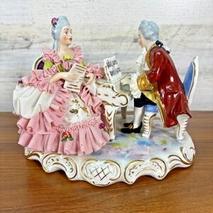 Dresden Germany Victorian Porcelain Lace. Playing the Piano. Hand Painted  8"x7"
